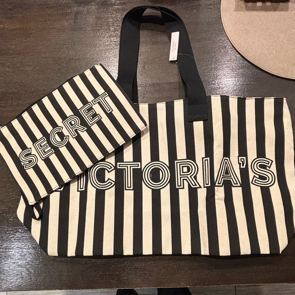 Victoria's Secret Black and White Striped Tote Bag